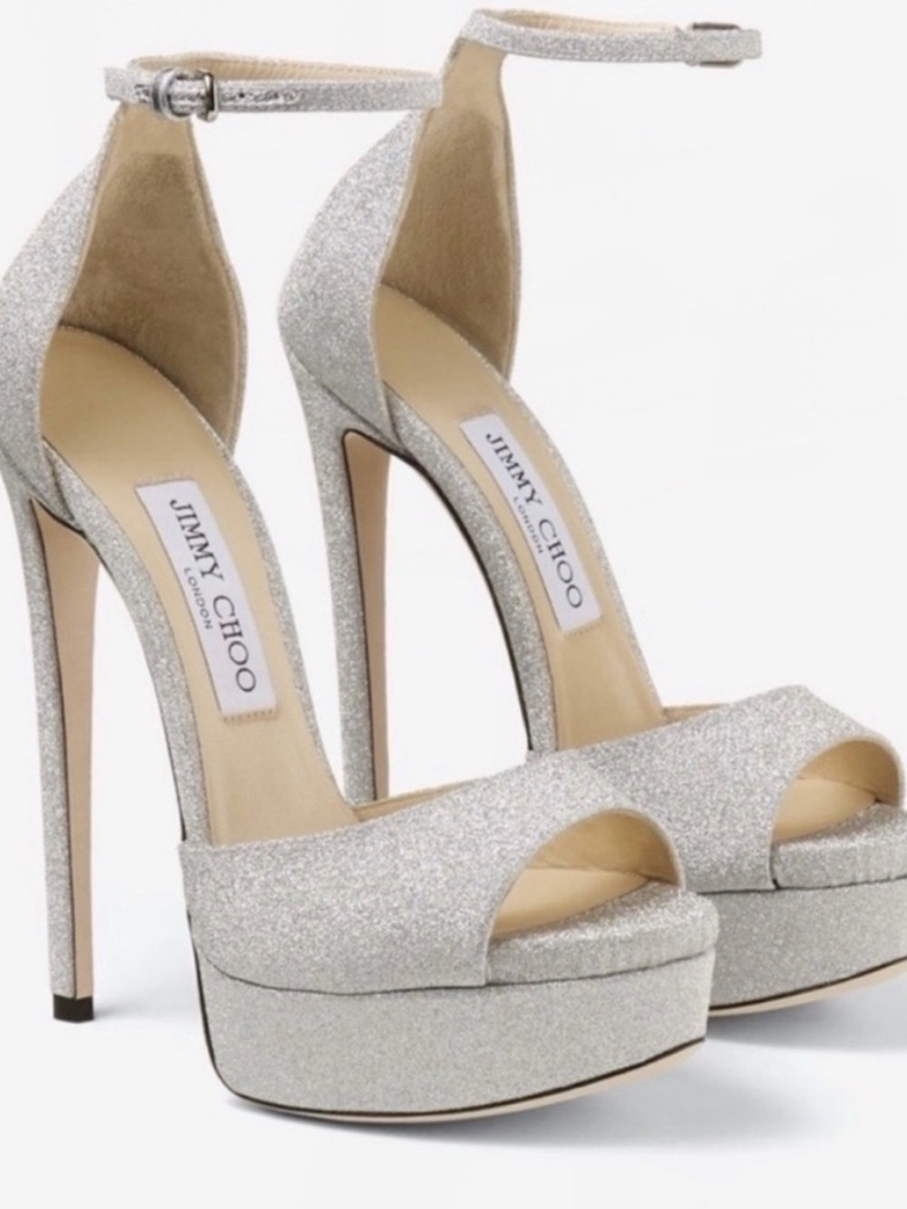 Jimmy Choo Silver Glitter Platform Peep-Toe Ankle-Strap Heels
